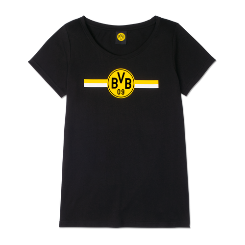 T-shirt noir BVB CLUB pour femme, orné d'un grand logo BVB 09 et de rayures jaunes et blanches sur le devant. Produit officiel du Borussia Dortmund.