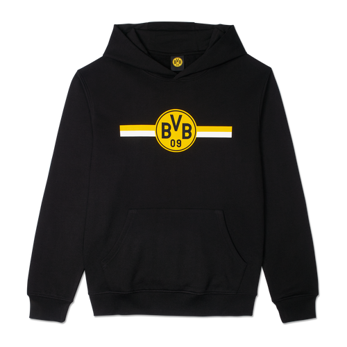 Sweat à capuche noir BVB-09 pour femme, orné d'un grand logo BVB sur le devant et rehaussé d'une bande noir et jaune, idéal pour les supporters du Borussia Dortmund.