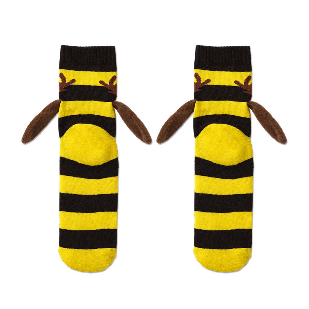 Chaussettes de sport BVB noires et jaunes, au motif d'abeille avec des ailes en peluche, idéales pour les supporters du Borussia Dortmund.