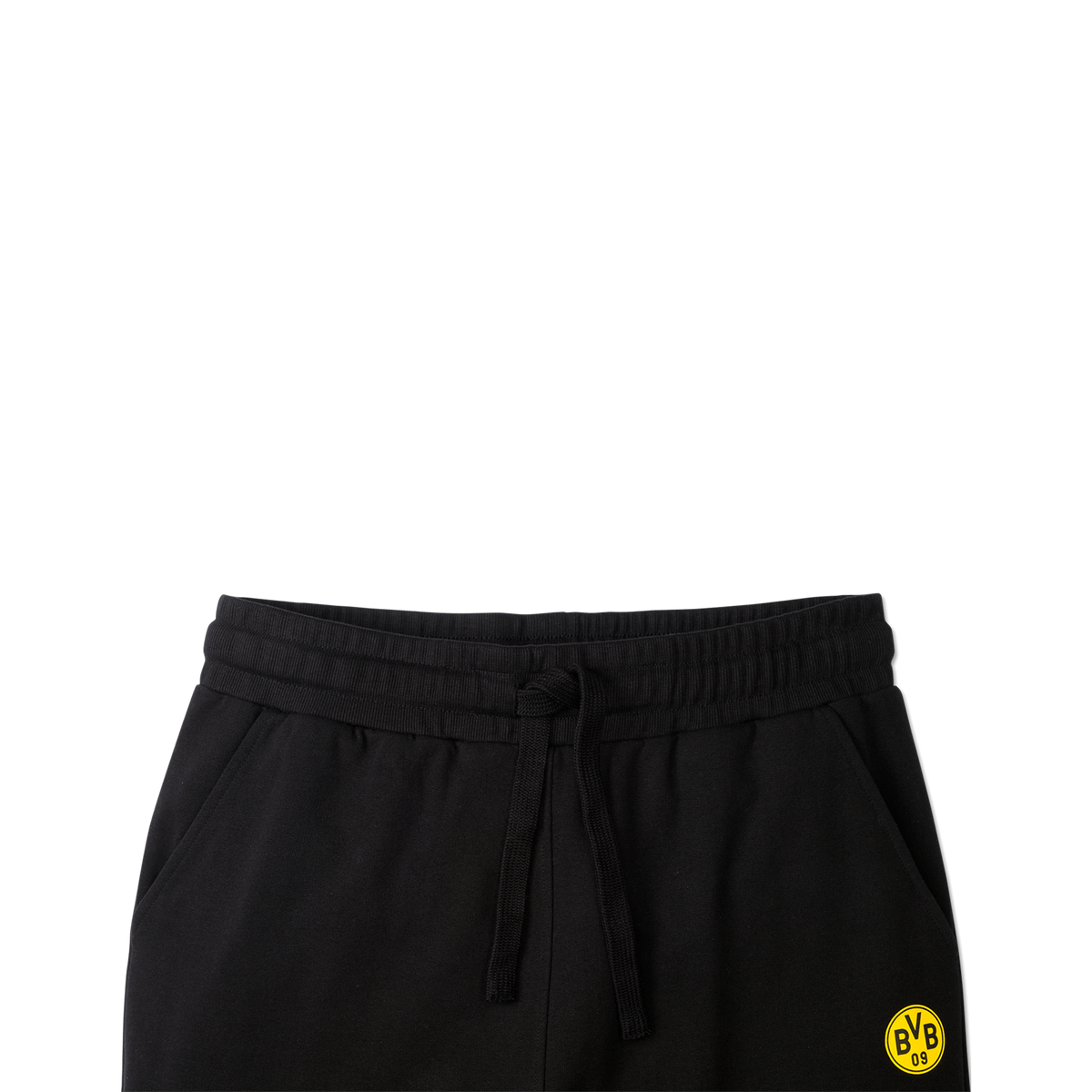 Schwarze BVB-Kinder-Freizeitshorts mit gelbem BVB-Logo auf der Vorderseite, bequem und ideal für Sport und Freizeit.