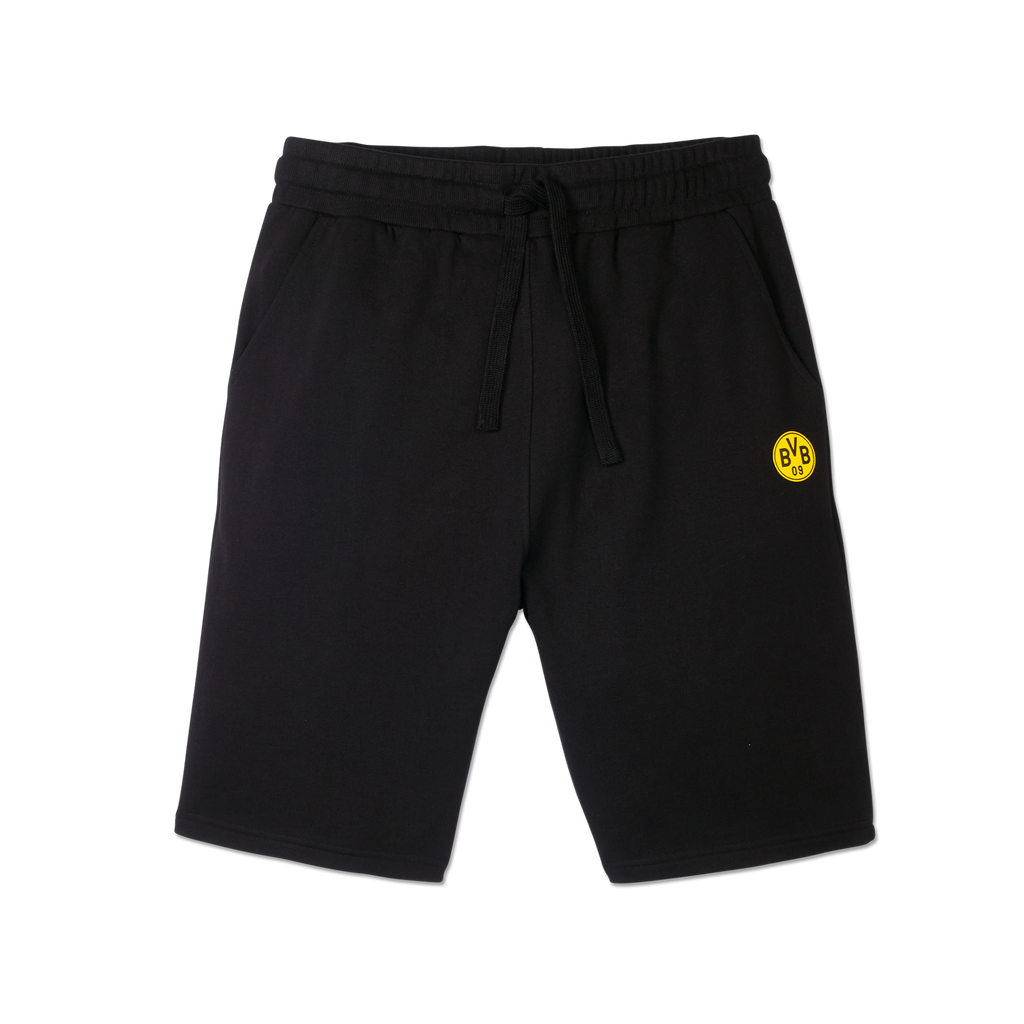 Short de loisirs noir du BVB pour enfants, avec une taille élastiquée, un cordon de serrage et le logo jaune du BVB sur le côté gauche.
