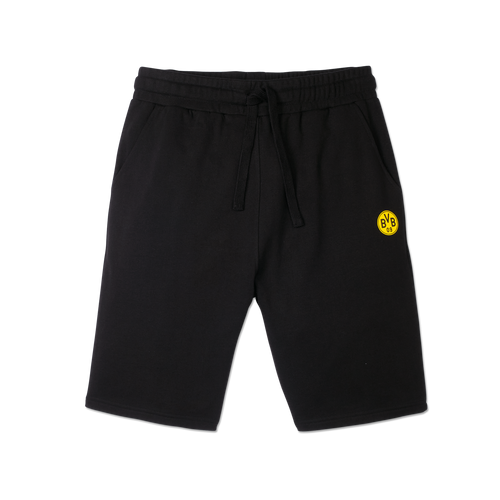 Short de loisirs noir du BVB pour enfants, avec une taille élastiquée, un cordon de serrage et le logo jaune du BVB sur le côté gauche.