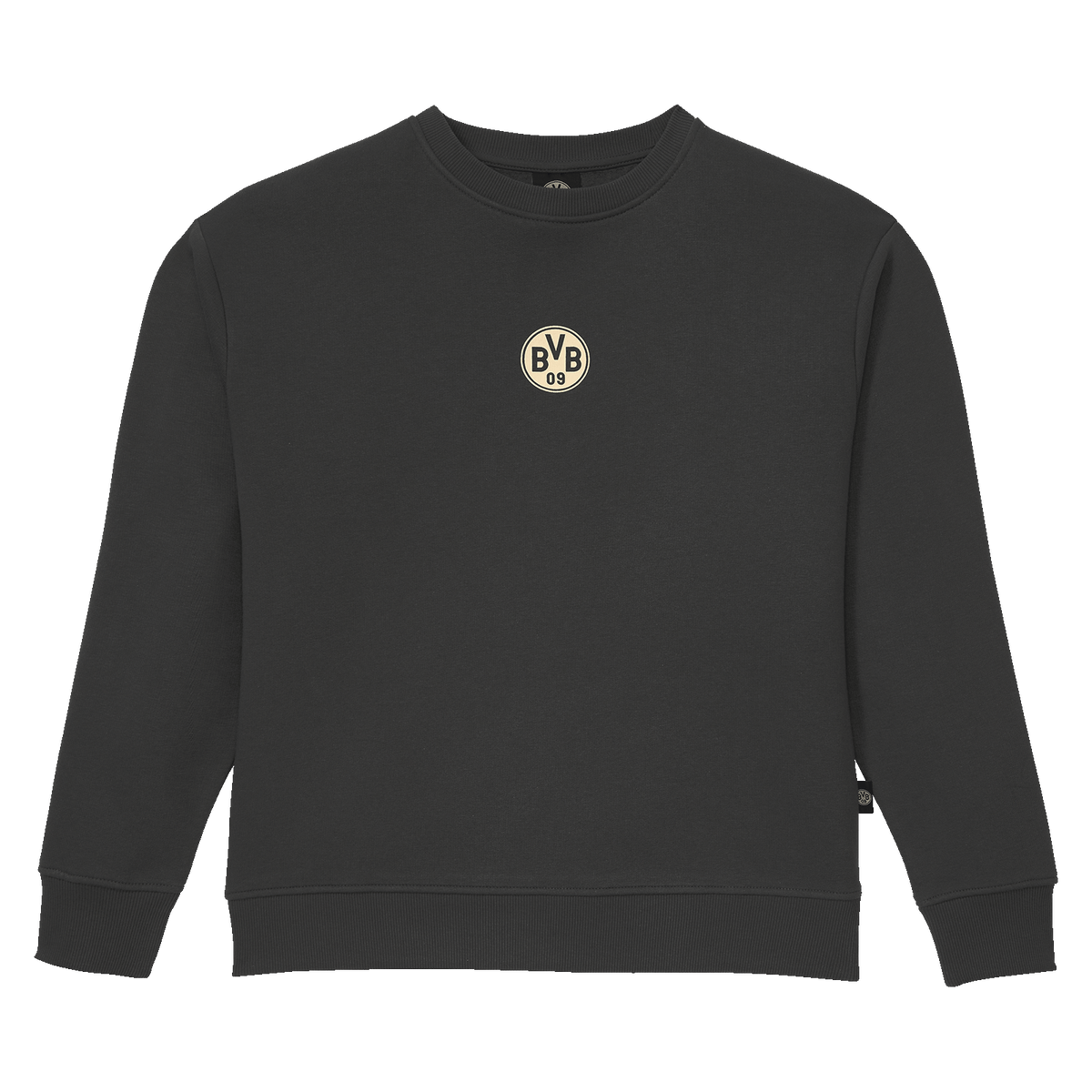 Pull à col rond gris pour femme, orné d'un emblème BVB-09 au centre, idéal pour les fans du Borussia Dortmund.