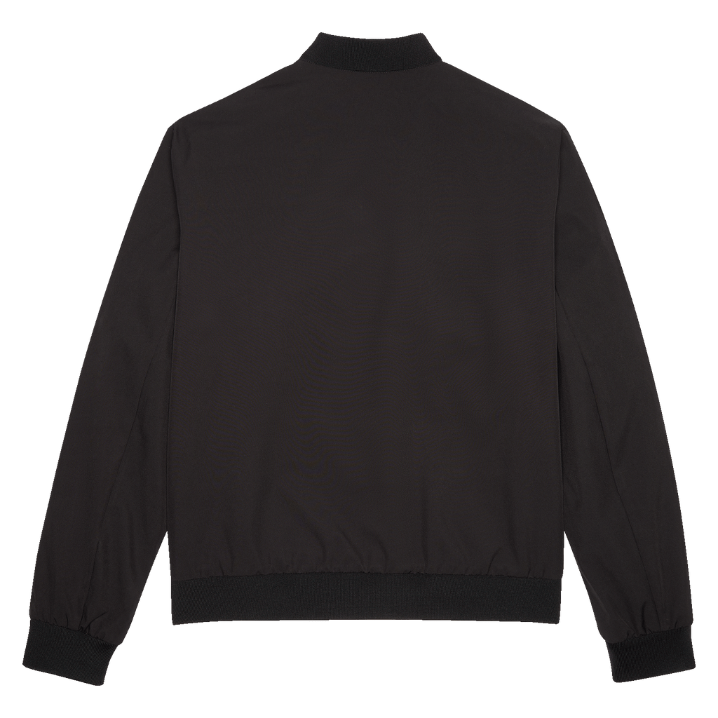 Die Rückansicht einer schwarzen BVB-Übergangsjacke mit schlichtem Design, ideal für Fans und sportliche Aktivitäten.