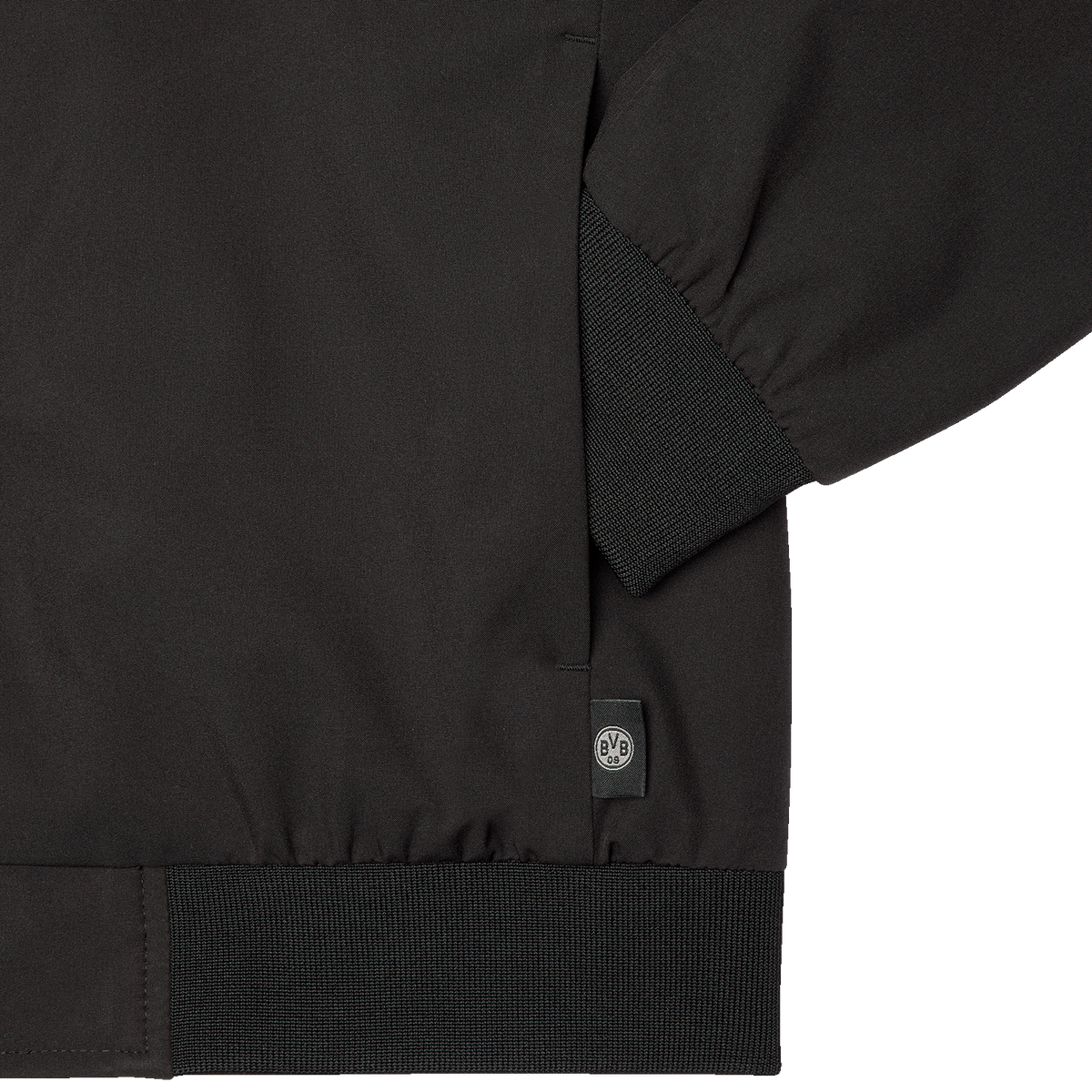 Schwarze BVB-Übergangsjacke mit dezentem BVB-Logo und gerippten Bündchen, ideal für die Übergangszeit.