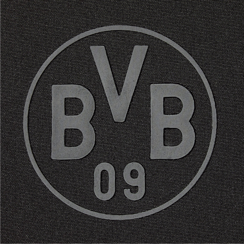 Close-up of a black BVB 09 logo on a black between-seasons jacket.