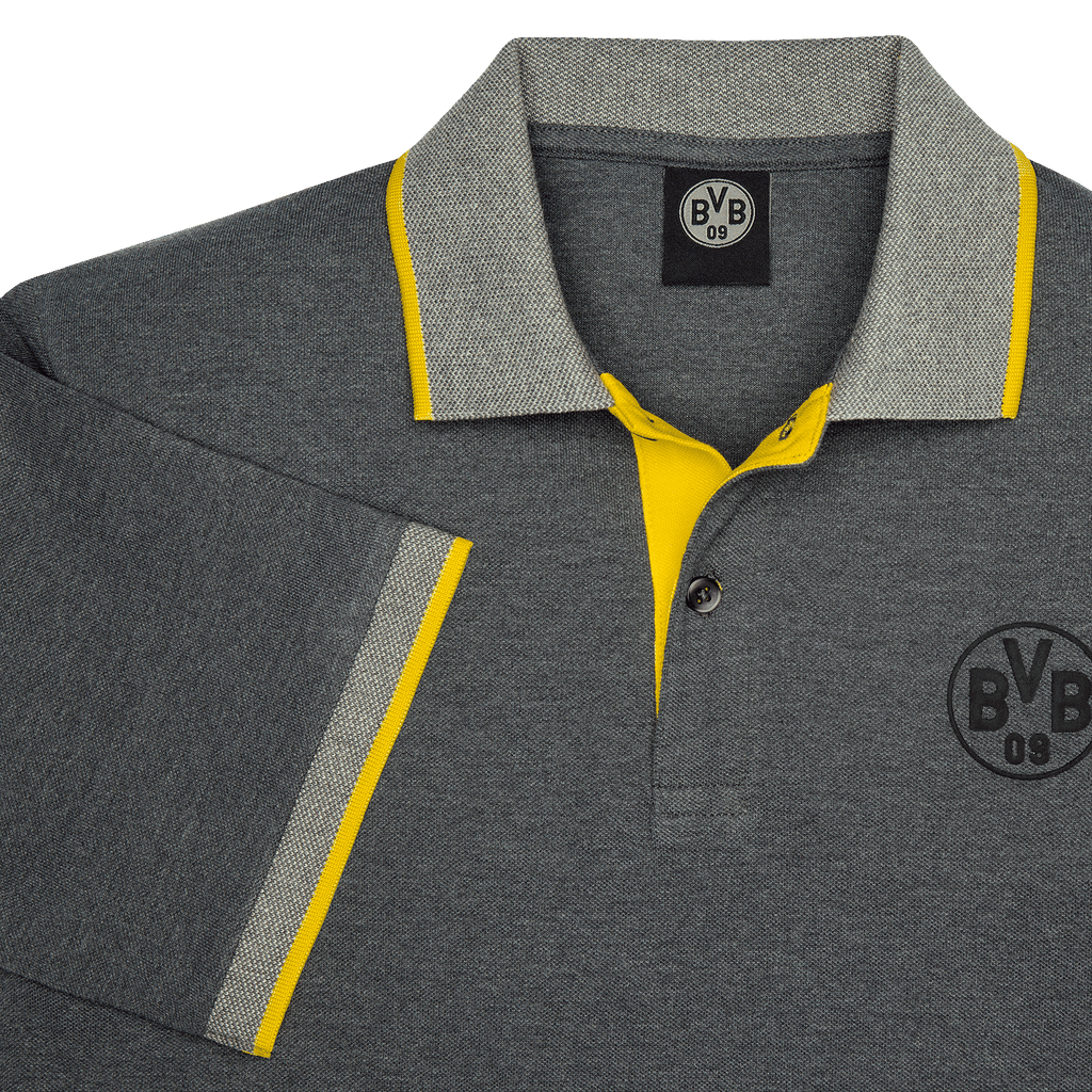 Gray Borussia Dortmund polo shirt with yellow accents on the collar and sleeves, and a printed BVB 09 logo on the left chest.