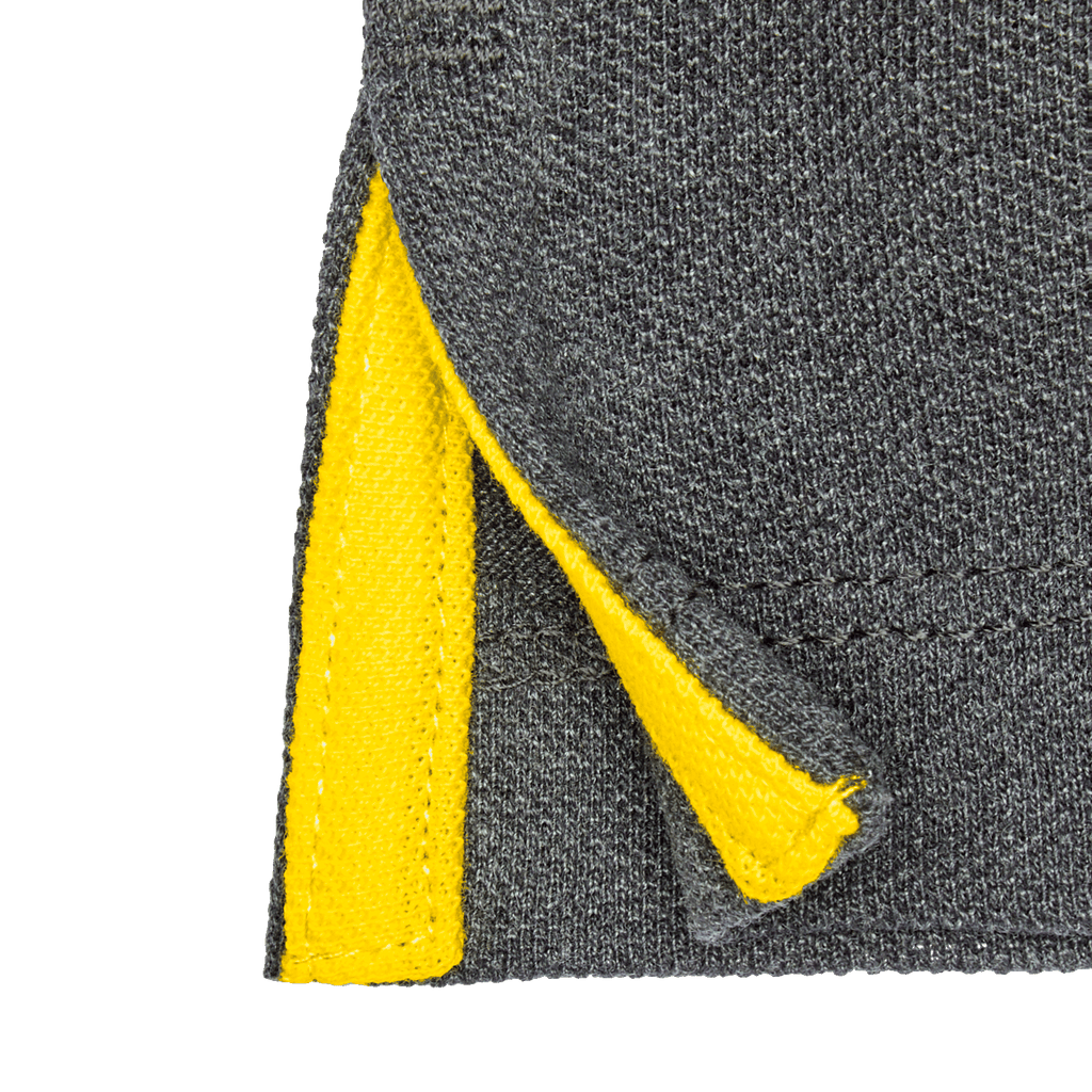 Close-up of a gray BVB polo shirt with yellow accents along the hem, perfect for Borussia Dortmund fans.