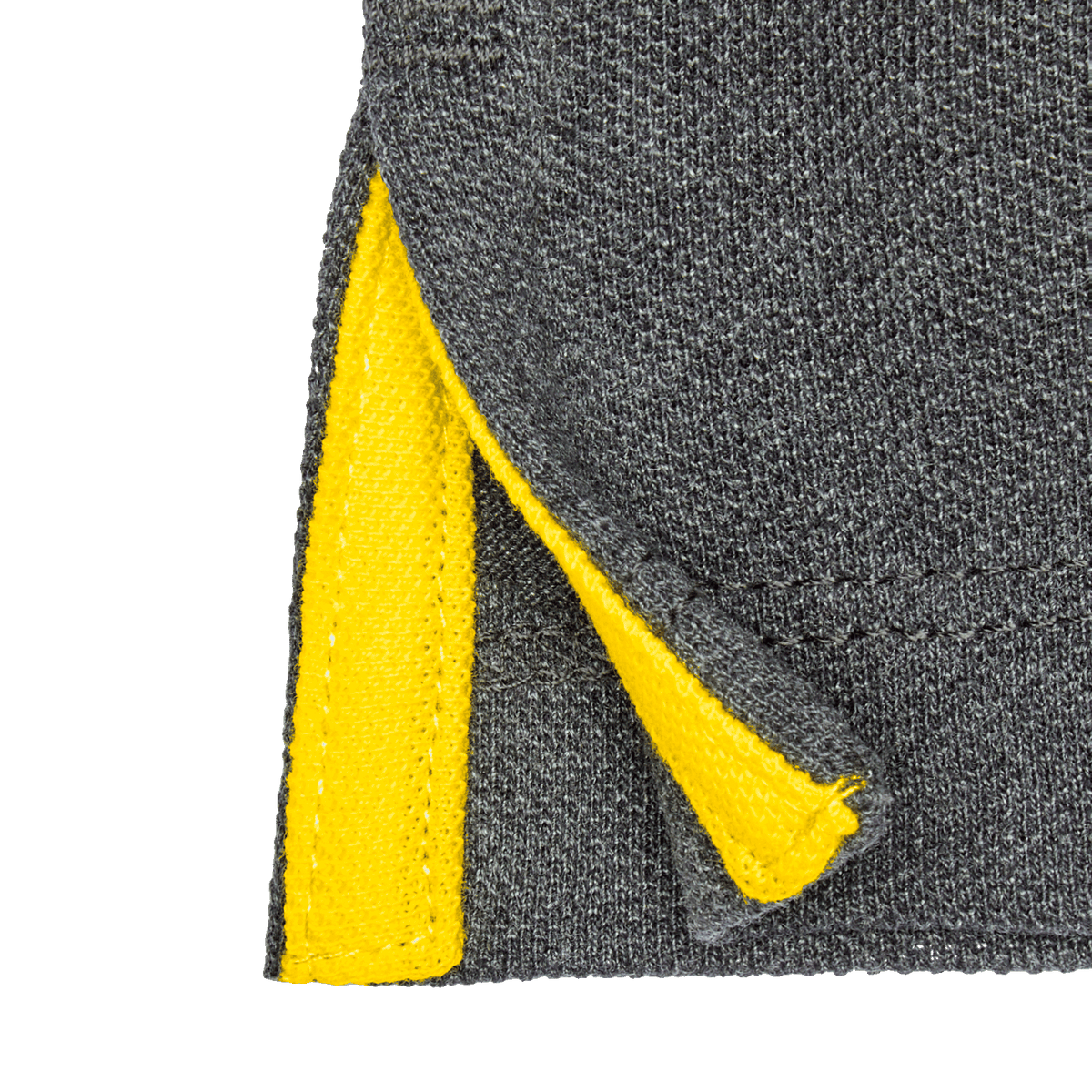 Detailaufnahme eines grauen BVB-Poloshirts mit gelben Akzenten am Saum, geeignet für Fans von Borussia Dortmund.