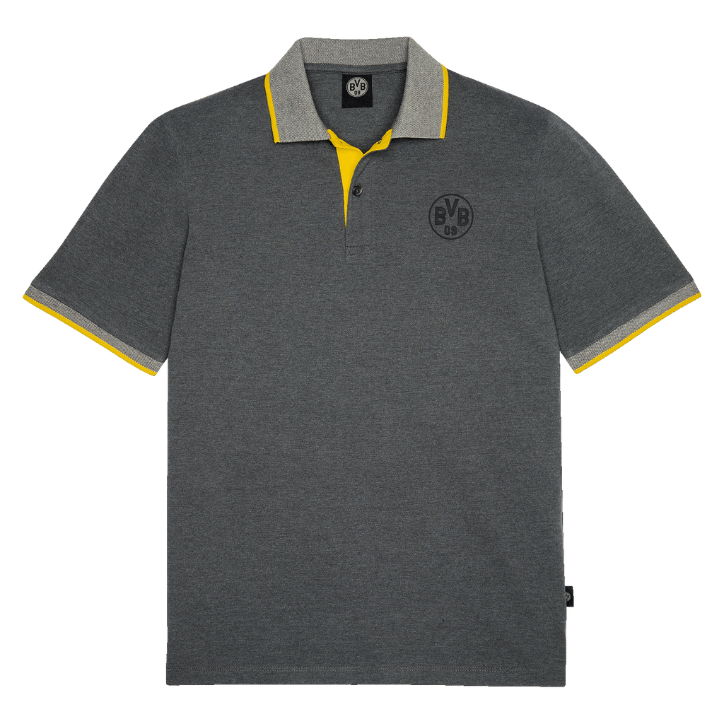 Gray BVB polo shirt with yellow accents on the collar and sleeves, as well as the BVB emblem on the chest. Perfect for Borussia Dortmund fans.