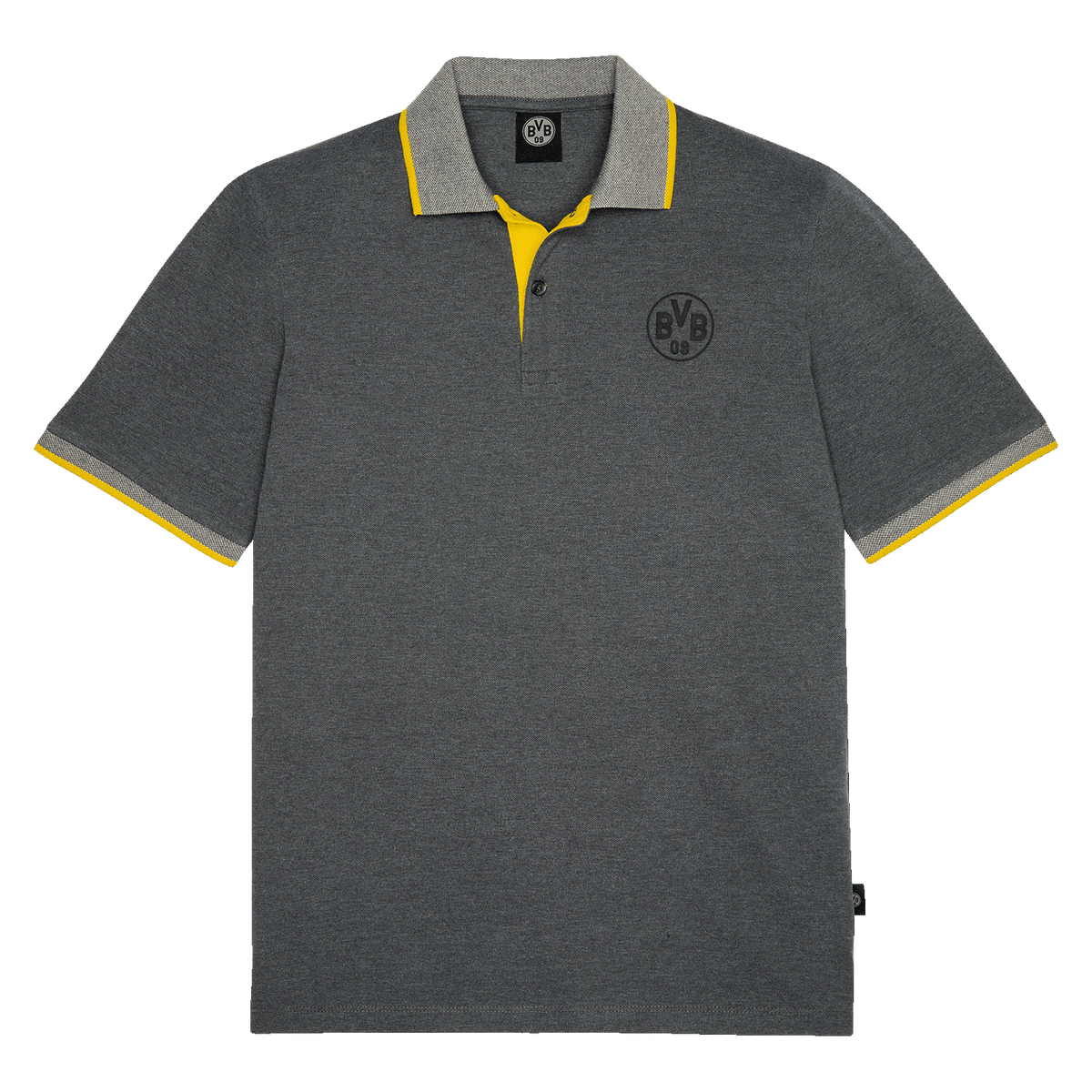 Gray BVB polo shirt with yellow accents on the collar and sleeves, as well as the BVB emblem on the chest. Perfect for Borussia Dortmund fans.