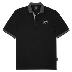 Polo noir avec col gris et logo BVB 09 sur la poitrine, idéal pour les supporters et pour les tenues de loisirs.