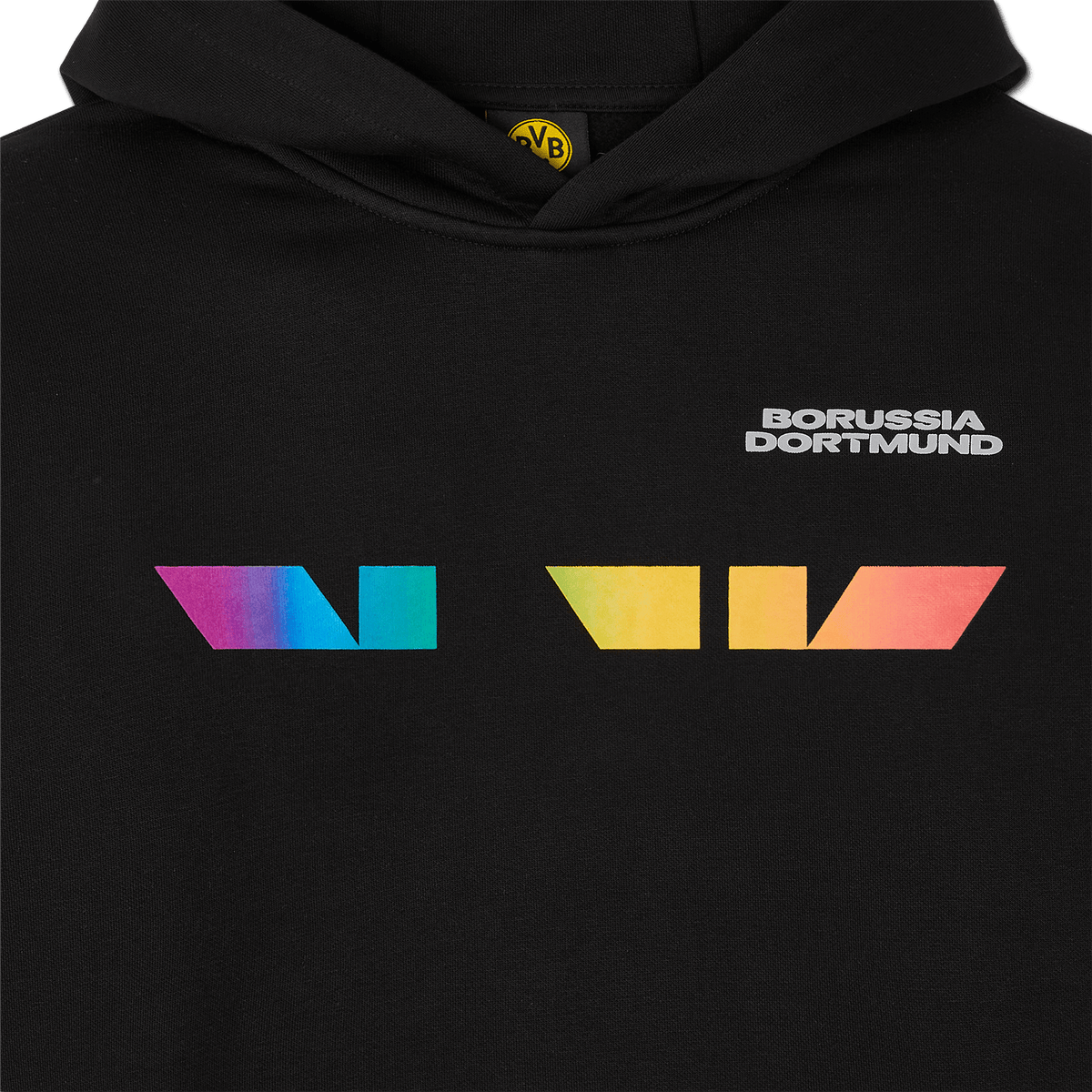 Black unisex hoodie with a rainbow design and white "Borussia Dortmund" lettering—perfect for fans.