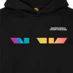Sudadera con capucha unisex negra con diseño de arcoíris y el nombre «Borussia Dortmund» en blanco, ideal para los aficionados.