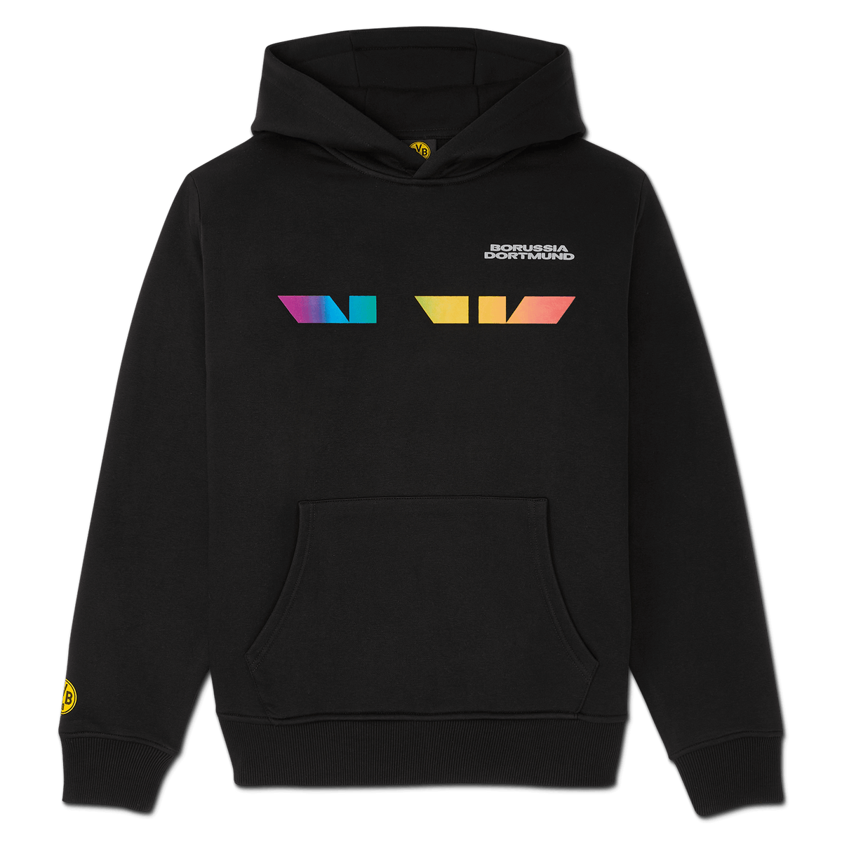 Schwarzer Unisex-Hoodie von Borussia Dortmund mit farbigem Regenbogendesign und Schriftzug, ideal für Fans.