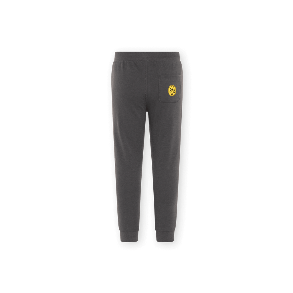 Pantalon de jogging pour enfant du Borussia Dortmund, noir avec le logo jaune du BVB sur la poche arrière, idéal pour les supporters du BVB.