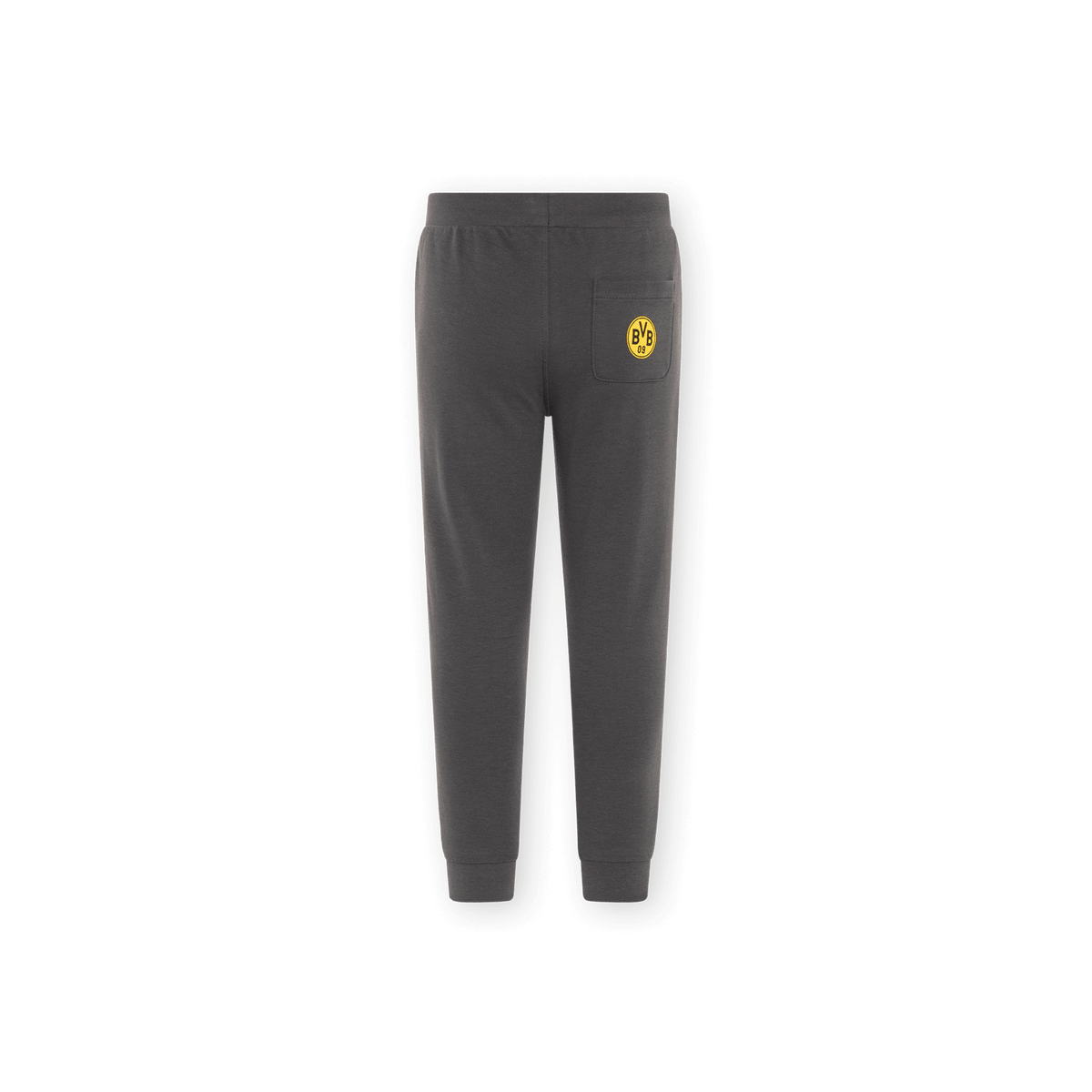 Pantalon de jogging pour enfant du Borussia Dortmund, noir avec le logo jaune du BVB sur la poche arrière, idéal pour les supporters du BVB.