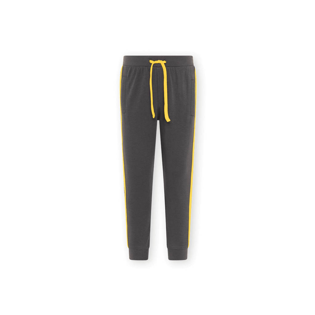 Pantalon de jogging pour enfant du BVB, noir avec des bandes jaunes sur les côtés et un cordon de serrage jaune, idéal pour le sport et les loisirs.