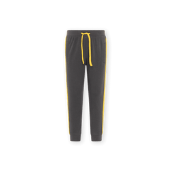 BVB children's sweatpants in black with yellow stripes on the sides and a yellow drawstring, ideal for sports and leisure.