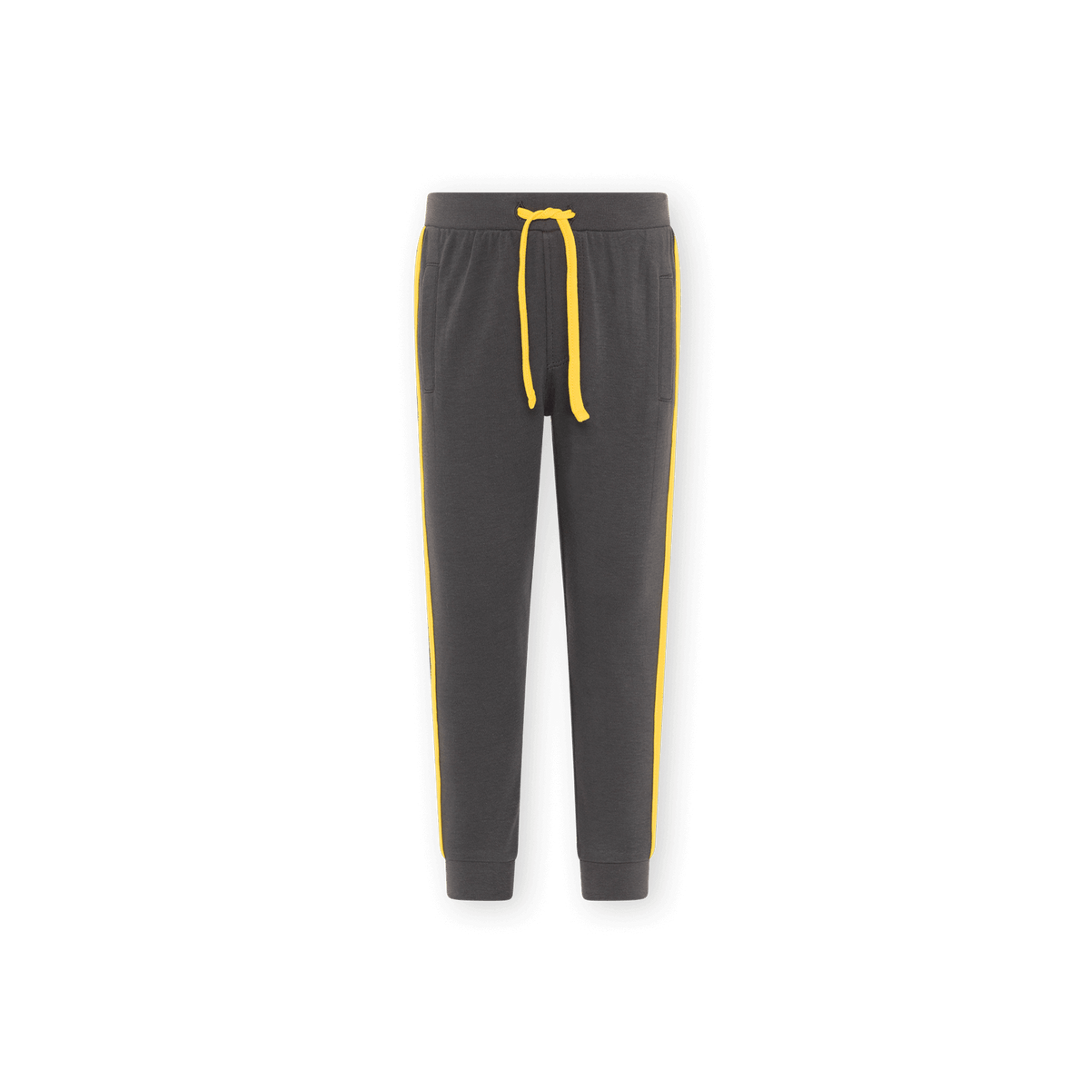 Kinder-Jogginghose des BVB in Schwarz mit gelben Streifen an den Seiten und gelbem Kordelzug, ideal für Sport und Freizeit.