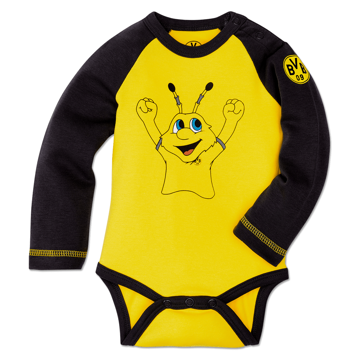 Schwarzgelber BVB Baby Langarmbody mit fröhlichem EMMA-Motiv und BVB-Logo auf dem Ärmel, ideal für kleine Fans.