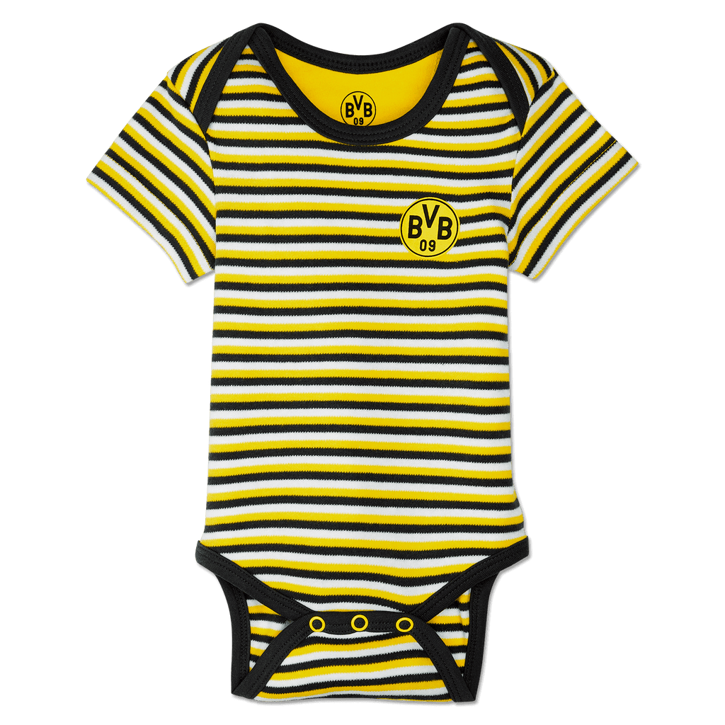 Body pour bébé BVB issu du coffret cadeau, rayé noir et jaune avec le logo du BVB sur la poitrine, vue de face.