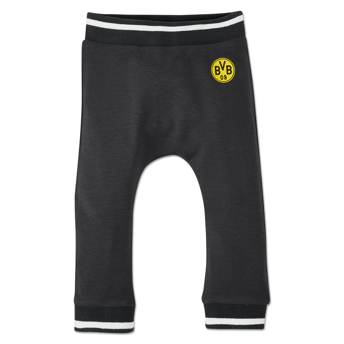 Pantalon noir pour bébé aux couleurs du BVB, avec une ceinture et des bords-côtes blancs et noirs, ainsi qu'un logo BVB jaune sur le devant, idéal pour les petits supporters.