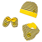 Coffret cadeau BVB pour bébé, composé de 6 pièces, avec des rayures noires et jaunes, comprenant un bonnet, des chaussons et un bavoir, idéal pour les petits fans du Borussia Dortmund.
