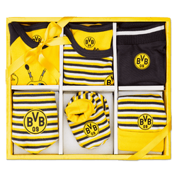 Confezione regalo per neonati del BVB composta da sei pezzi, nei colori nero e giallo, con indumenti a righe per neonati, logo del BVB e confezione regalo, perfetta per i piccoli tifosi del Borussia Dortmund.