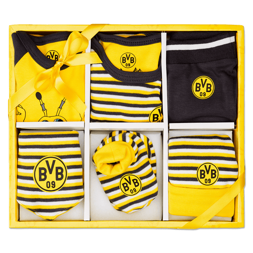 Coffret cadeau BVB pour bébé composé de six articles, aux couleurs noir et jaune, contenant des vêtements rayés pour bébé, le logo du BVB et une présentation cadeau, idéal pour les jeunes supporters du Borussia Dortmund.