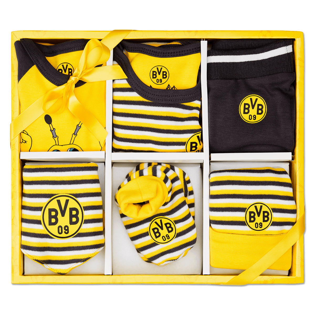 Sechsteilige BVB Baby Geschenkbox in schwarzgelb mit gestreifter Babykleidung, BVB-Logo und Geschenk-Optik, perfekt für junge Borussia Dortmund Fans.
