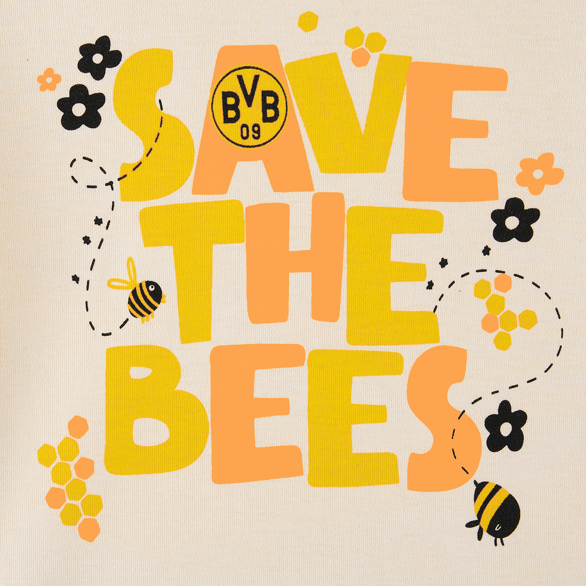 BVB Babybody mit Save the bees Motiv in schwarzgelb, verziert mit Bienen, Honigwaben und Blumen, ideal für umweltbewusste BVB-Fans.