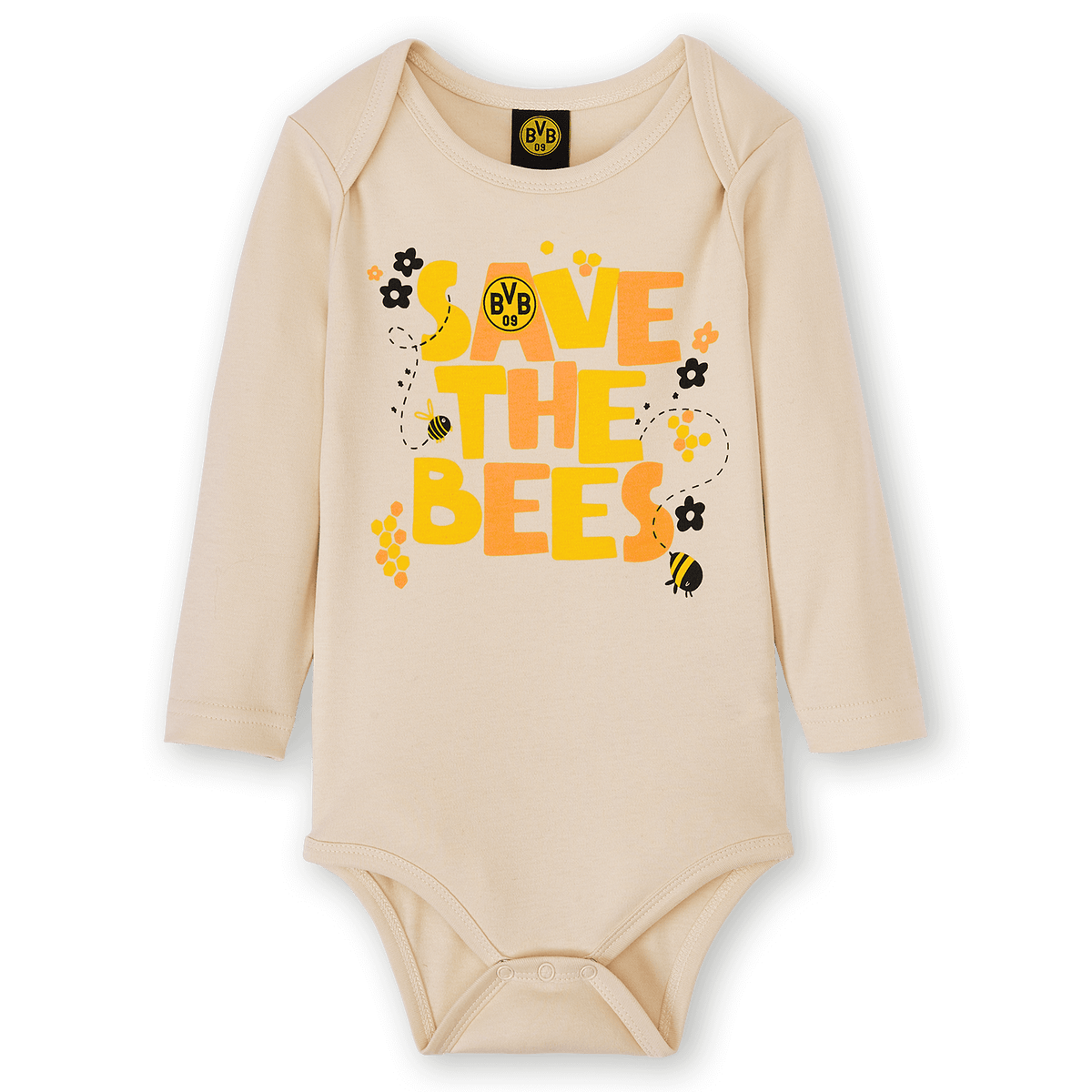 浅米色长袖多特蒙德（BVB）婴儿连体衣，印有“Save the Bees”图案、彩色字样和多特蒙德（BVB）队徽，既环保又舒适。