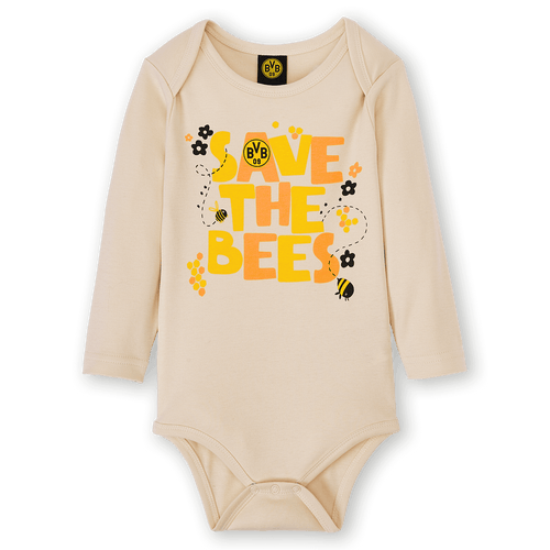 Langärmeliger BVB Babybody in hellbeige mit Save the Bees-Design, buntem Schriftzug und BVB-Logo, nachhaltig und bequem.
