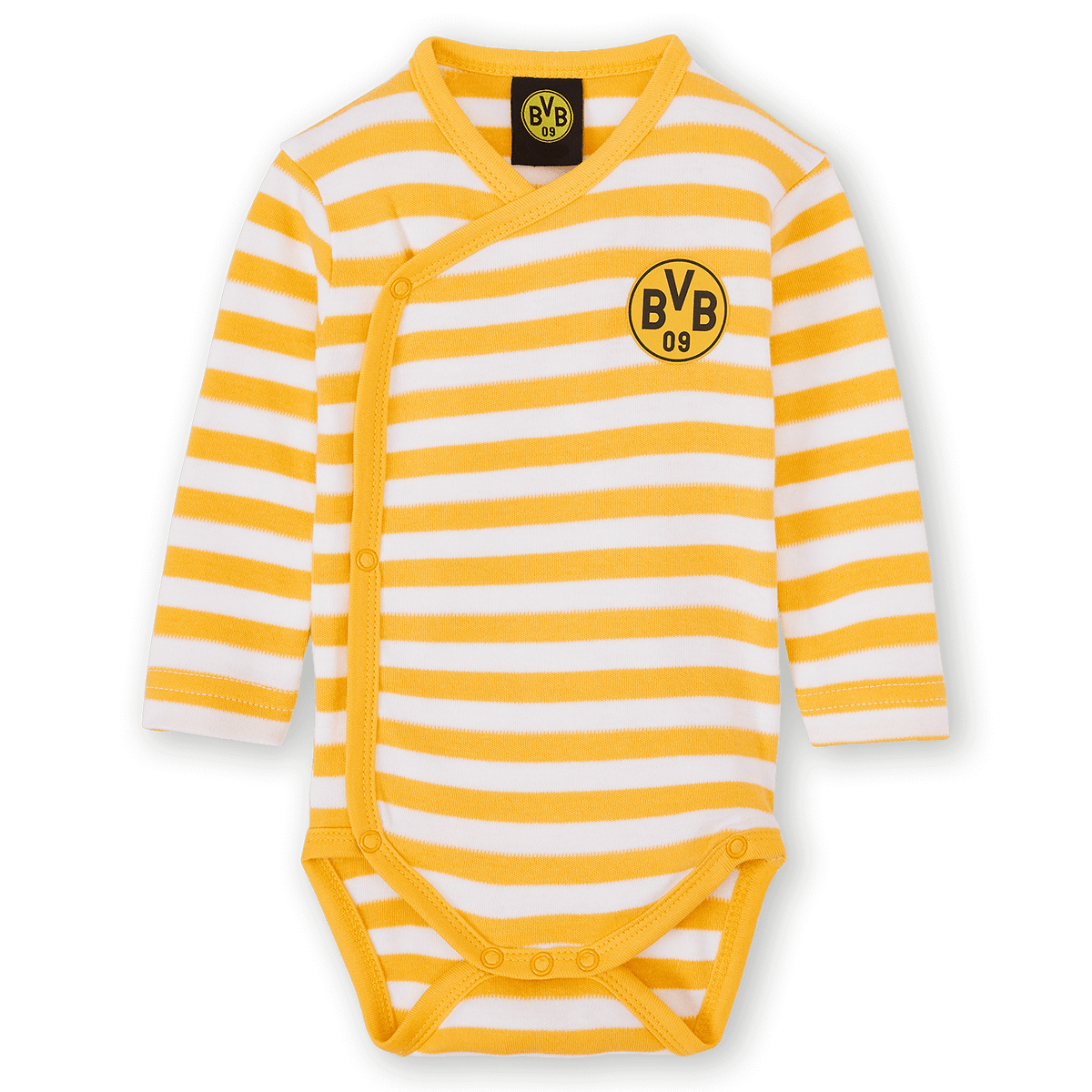 Long-sleeved BVB baby bodysuit in a black-and-yellow striped design with the BVB 09 logo on the chest, perfect for little Borussia Dortmund fans.