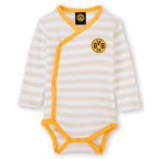 Body pour bébé BVB à manches longues, avec des rayures beiges et blanches et le logo BVB noir et jaune sur le devant, idéal pour les jeunes supporters.