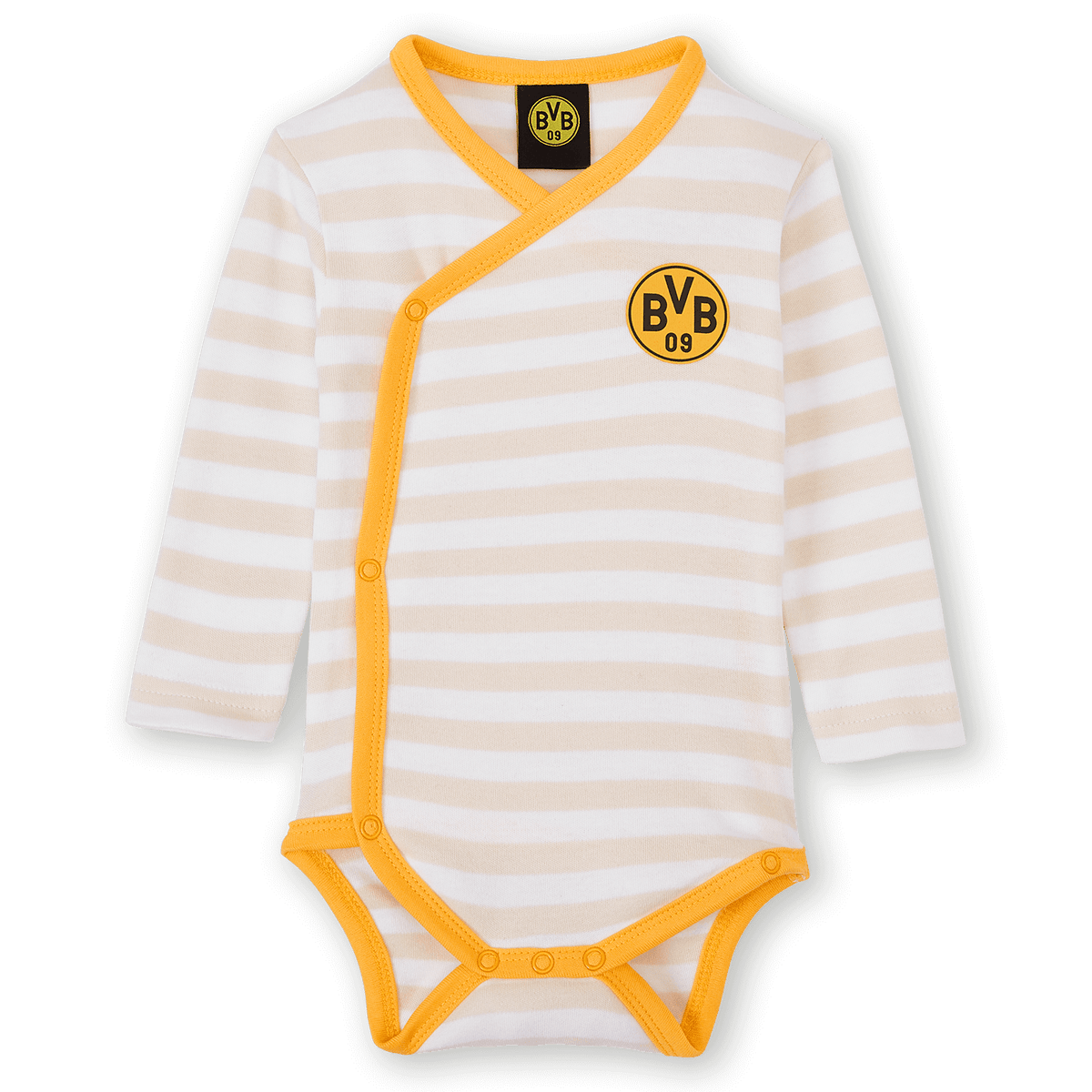 ベージュと白のストライプ柄で、前面に黒と黄色のBVBロゴが入った長袖のBVBベビーボディスーツ。小さなファンにぴったりです。