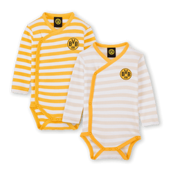 Lot de deux bodys à manches longues pour bébé aux couleurs du BVB, avec un motif à rayures jaunes et blanches et le logo emblématique du Borussia Dortmund sur la poitrine.
