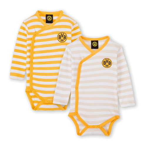 Lot de deux bodys à manches longues pour bébé aux couleurs du BVB, avec un motif à rayures jaunes et blanches et le logo emblématique du Borussia Dortmund sur la poitrine.