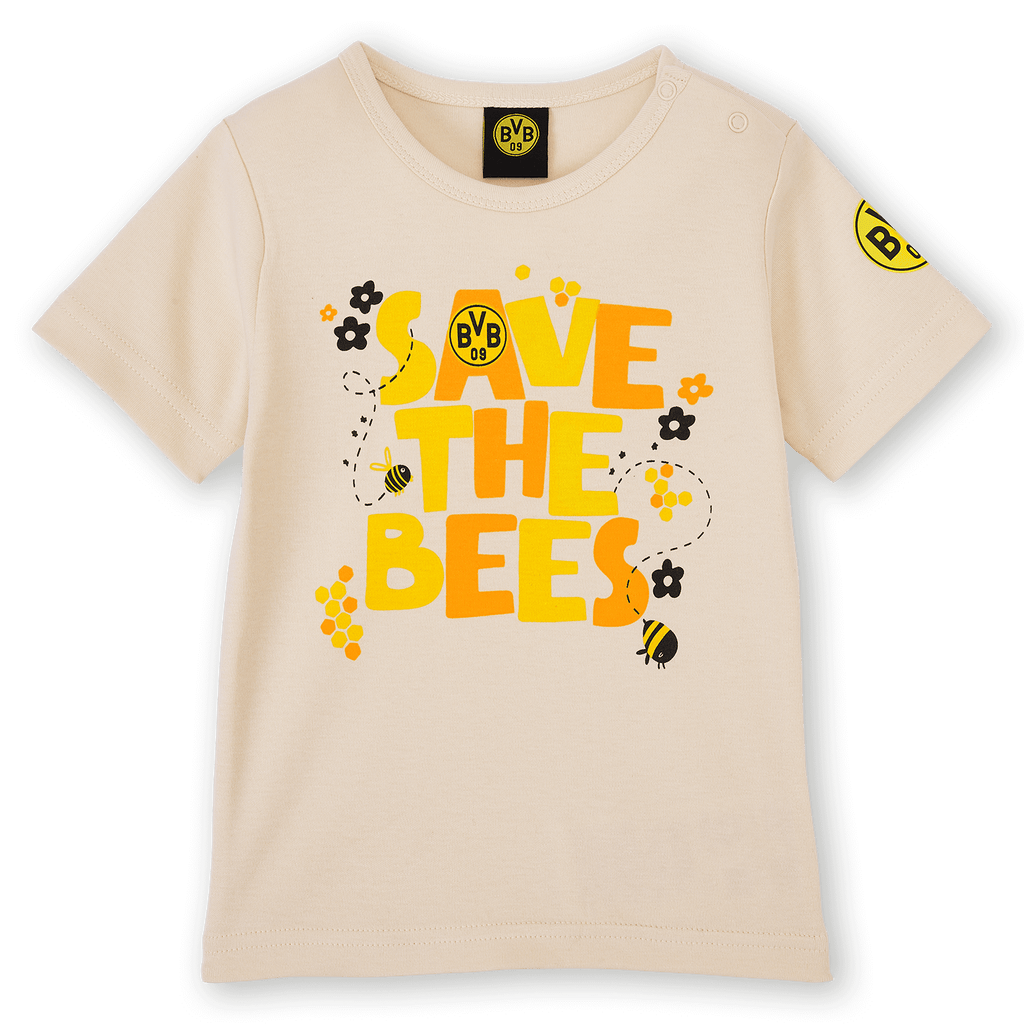 Maglietta beige per bambini del BVB con la scritta “Save the Bees”, motivo a forma di ape e logo del BVB, ideale per i piccoli tifosi del Borussia Dortmund.