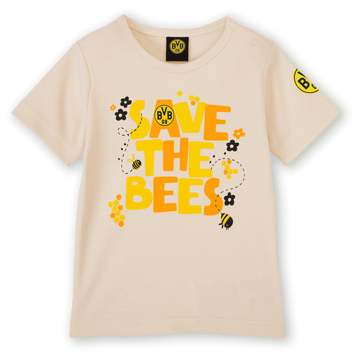 T-shirt bébé beige du BVB avec l'inscription « Save the Bees », un motif d'abeille et le logo du BVB, idéal pour les petits supporters du Borussia Dortmund.