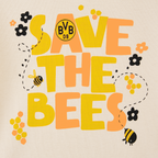 BVB baby T-shirt for toddlers with an eye-catching “Save the Bees” print, featuring the BVB logo, yellow and black lettering, and illustrations of bees, flowers, and honeycombs on light-colored fabric.