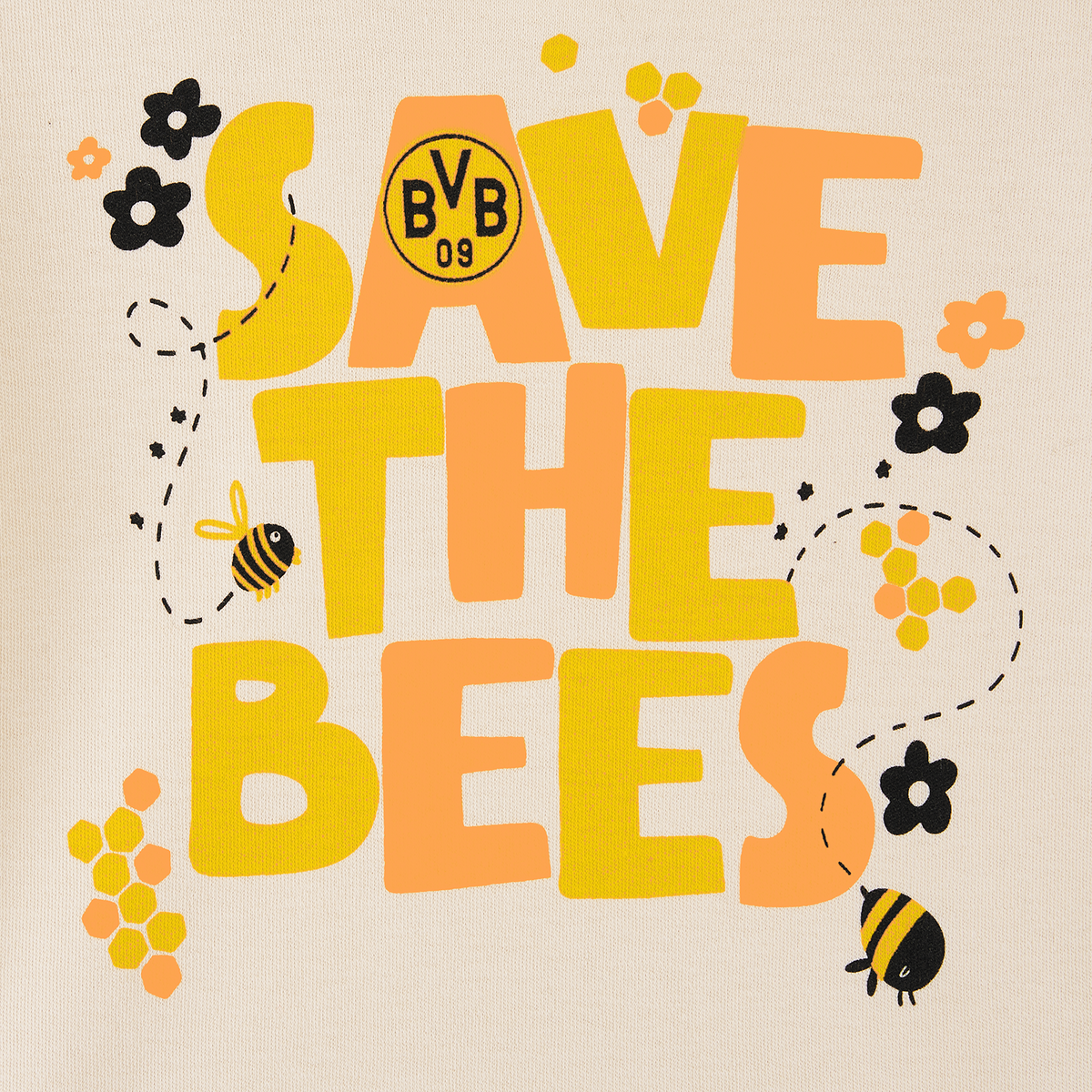 Maglietta BVB per neonati con una vistosa stampa “Save the Bees”, composta dal logo BVB, scritte gialle e nere e illustrazioni di api, fiori e favi su tessuto chiaro.