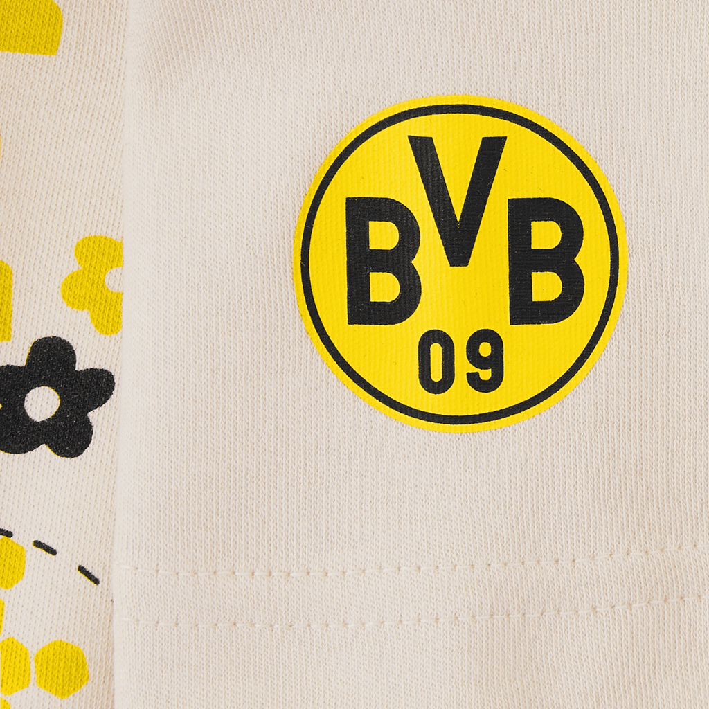 White BVB baby and toddler T-shirt with a black-and-yellow BVB logo and a decorative floral pattern, part of the Save the Bees collection.