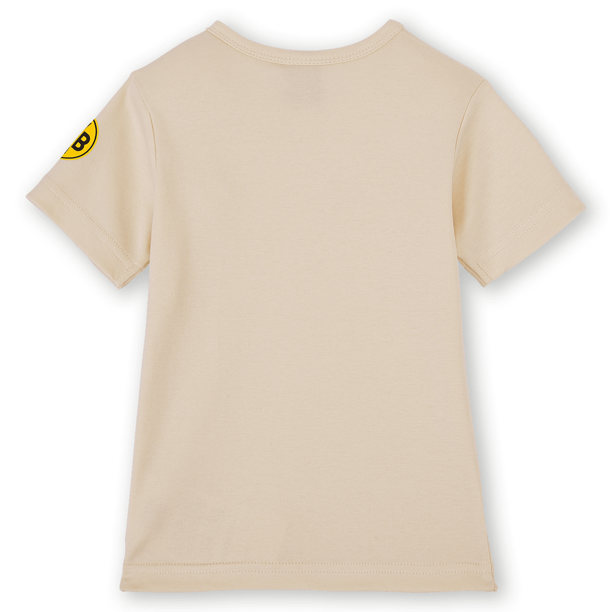 La maglietta beige del BVB per neonati e bambini piccoli “Save the bees”, a maniche corte, vista da dietro. Tessuto sostenibile con il logo del BVB sulla manica.