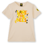 Cream-colored BVB baby and toddler T-shirt with a "Save the Bees" print, the BVB logo, bees, and decorative floral motifs.
