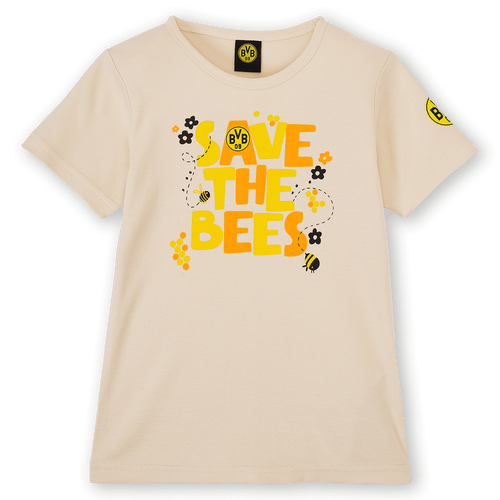 Cream-colored BVB baby and toddler T-shirt with a "Save the Bees" print, the BVB logo, bees, and decorative floral motifs.