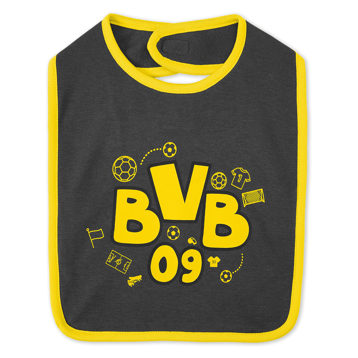 Schwarzgelbes BVB Lätzchen im 2er-Set mit auffälligem BVB 09 Logo und Fußball-Motiven. Perfekt für Baby-Fans von Borussia Dortmund.