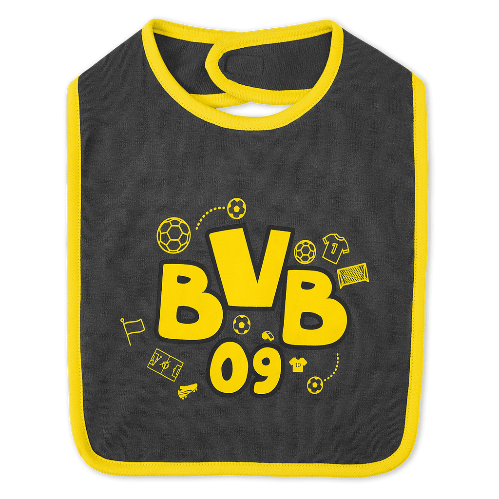 Set di 2 bavaglini del BVB nei colori nero e giallo, con l'accattivante logo BVB 09 e motivi calcistici. Perfetti per i piccoli tifosi del Borussia Dortmund.