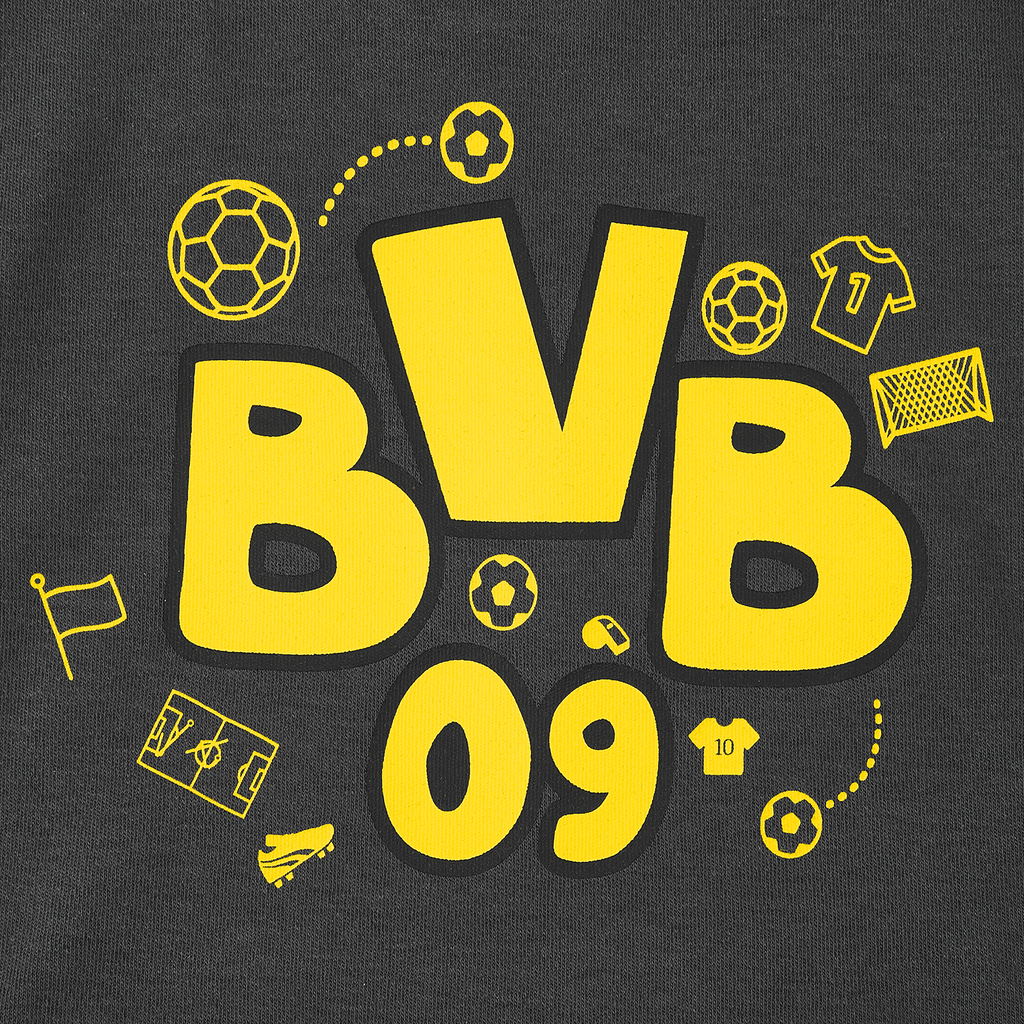 Set di 2 bavaglini del BVB, con design da tifoso nei colori nero e giallo, motivi calcistici e la scritta “BVB 09”, ideali come accessori per neonati o come set regalo per i piccoli tifosi.